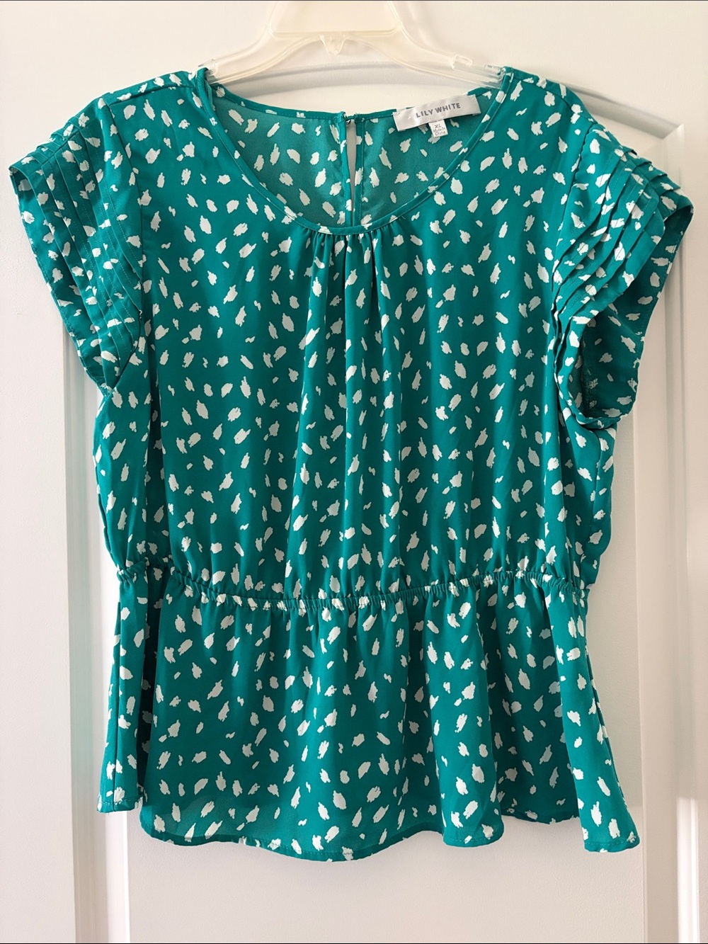 Lily White Green and White Printed Short Sleeve Peplum Blouse, XL